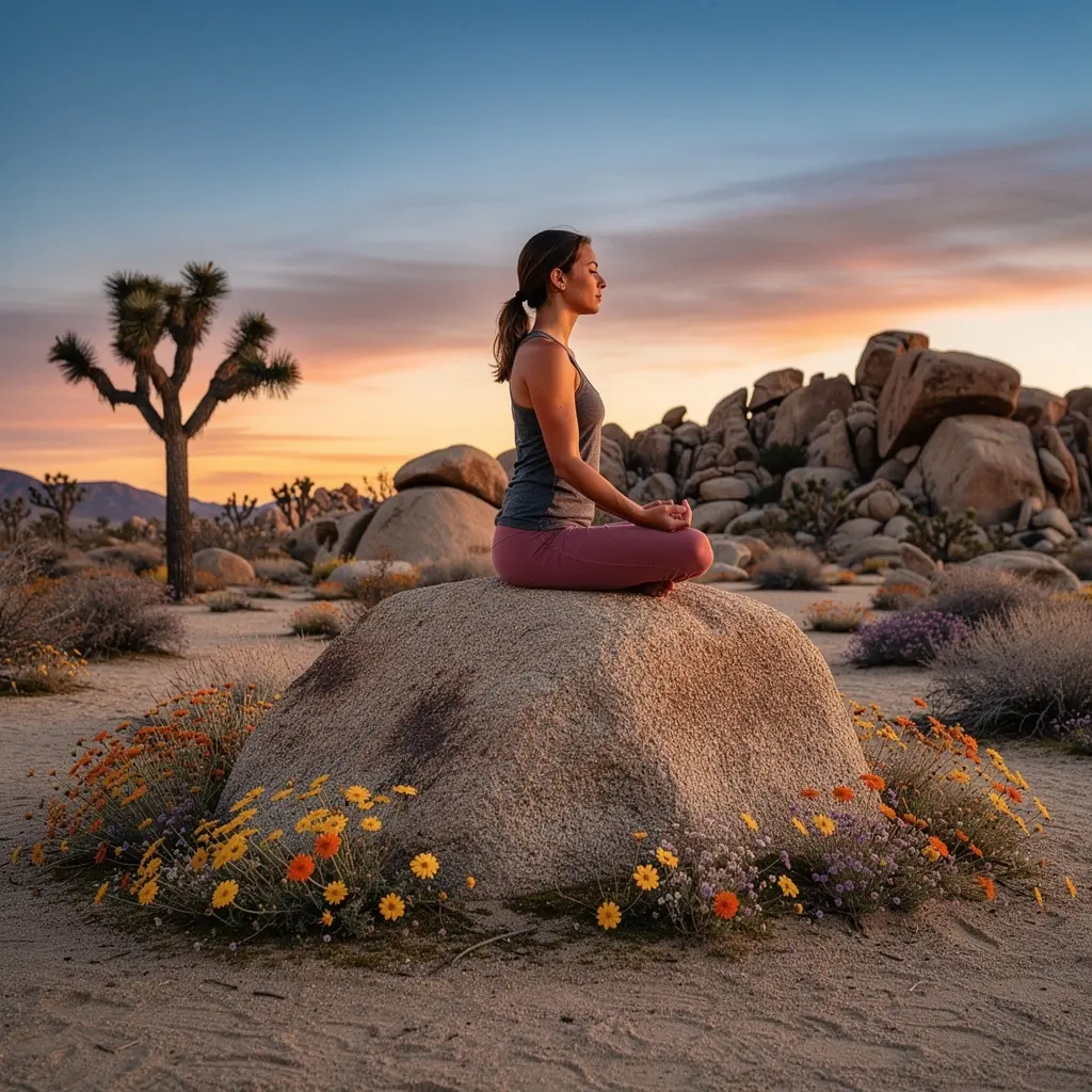 Пейзаж пустыни с яркими скальными образованиями на фоне заката.