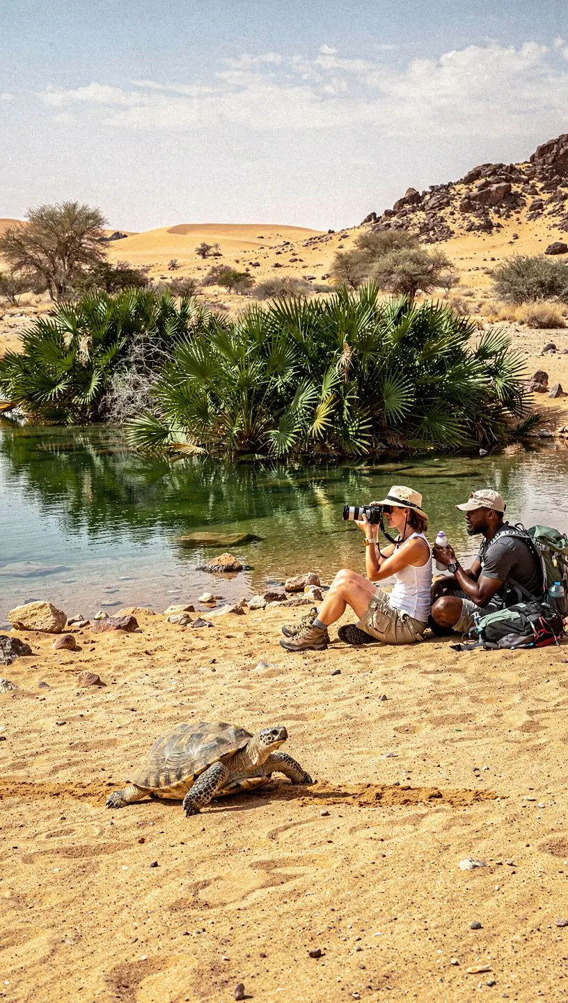 Пейзаж пустыни с высокими кактусами и горными образованиями на фоне заката.